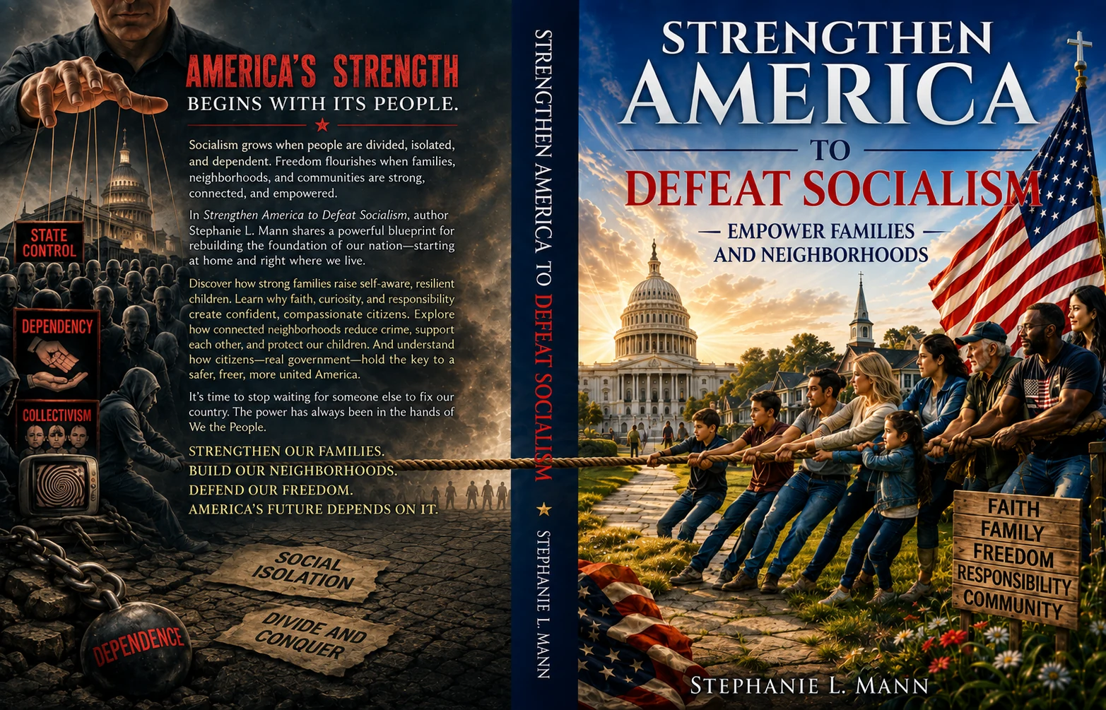 Full wraparound cover of Strengthen America to Defeat Socialism, showing the back cover copy