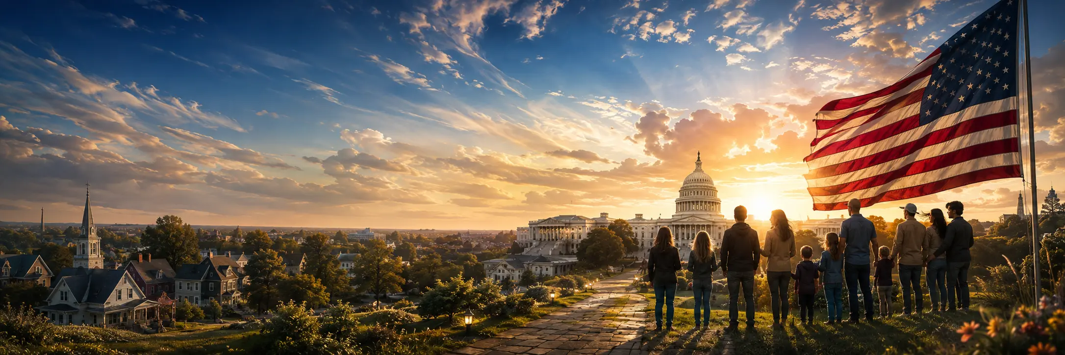 A family looking out over an American neighborhood at sunrise, the Capitol in the distance